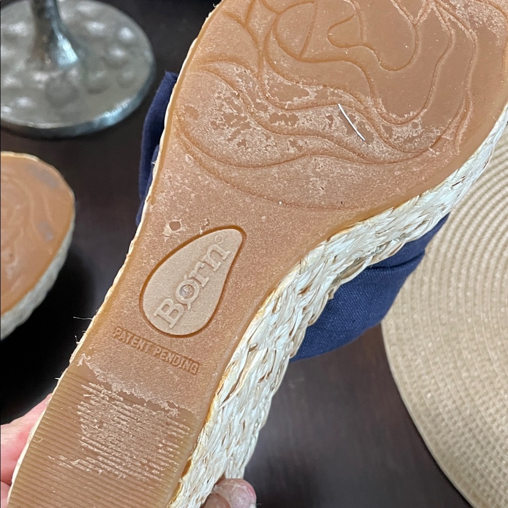Born Women's Navy and Tan wedge sandals with Bow - Picture 7 of 11